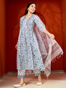 Aadveka - Blue Handblock Printed Cotton Suit Kurta with Pant and Dupatta (Set of 3)