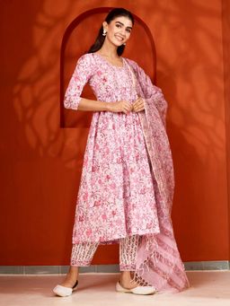 Aadveka - Pink Handblock Printed Cotton Suit Kurta with Pant and Dupatta (Set of 3)
