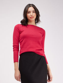 FableStreet - Rose Magenta Boat Neck Knit Sweater