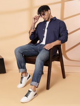 RIGO - Men's Checks Regular Fit Cutaway Collar Casual Blue Shirt