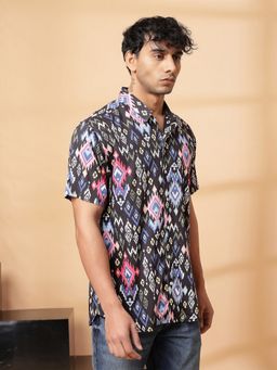 RIGO - Men's Regular Fit Ikkat Print Half Sleeves Casual Grey Shirt