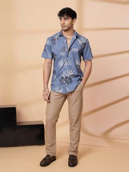 RIGO - Men's Regular Fit Tropical Half Sleeves Cutaway Collar Casual Blue Shirt