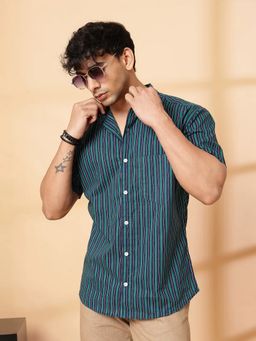 RIGO - Men's Stripes Half Sleeves Cotton Blue Shirt