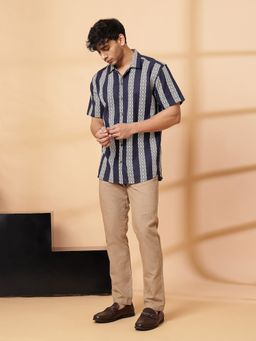 RIGO - Men's Blue Embroidered Regular Fit Half Sleeves Shirt