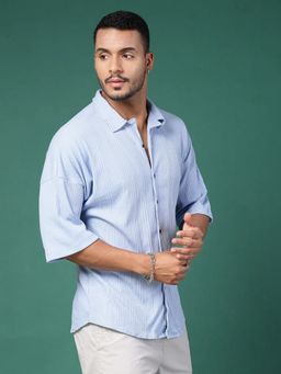 RIGO - Men's Half Sleeves Oversized Rib Blue Shirt