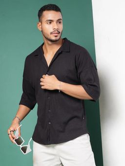 RIGO - Men's Half Sleeves Oversized Rib Black Shirt