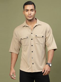 RIGO - Men's Oversized Half Sleeves Polyester Beige Shirt