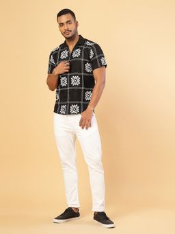 RIGO - Men's Cotton Linen Embroidered Half Sleeves Black Shirt