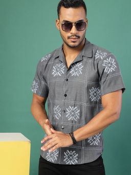 RIGO - Men's Cotton Linen Embroidered Half Sleeves Grey Shirt