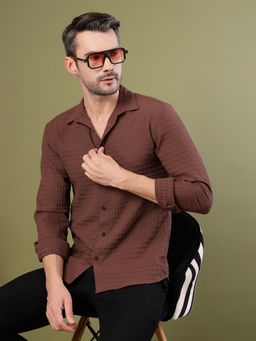 RIGO - Men's Textured Regular Fit Casual Brown Shirt
