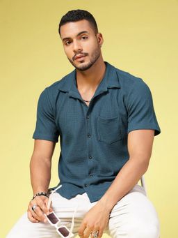 RIGO - Men's Solid Waffle Knitted Casual Teal Shirt