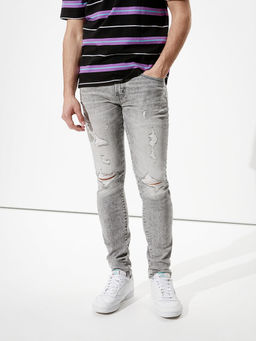 American Eagle - Men Grey AirFlex+ Ripped Skinny Jeans
