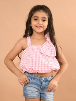 Lilpicks - Checkered Printed Sleeveless Bow Crop Top Pink