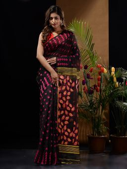 CHARUKRITI - Black Handwoven Saree with Geometric Designs & Foliage Patterns