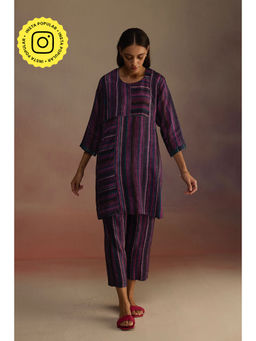 Roza - Purple Awning Stripes Short Kurta with Pant (Set of 2)