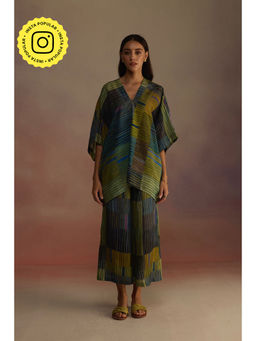 Roza - Green Trellis Asymmetrical Kaftan Kurta with Wide Pant (Set of 2)