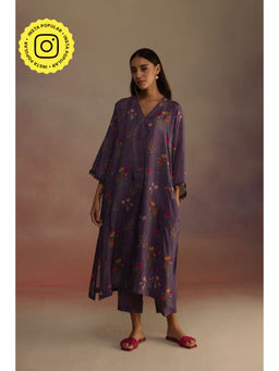Roza - Purple Zaira Floral Print Long Kurta with Pant (Set of 2)