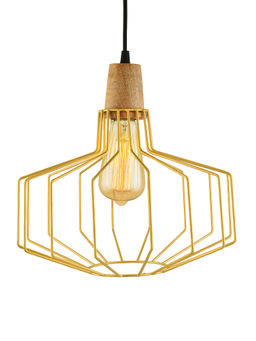 Homesake - Golden Metal Pitcher Cage Wood Pendant Light