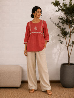 Gharana India - Saheba Rust Chikankari Cotton Tunic