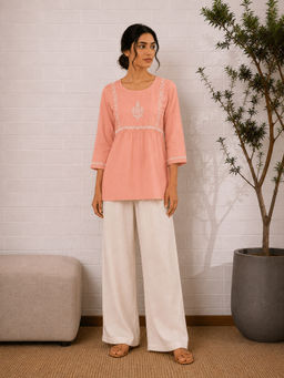 Gharana India - Saheba Chikankari Peach Cotton Tunic