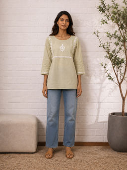 Gharana India - Saheba Chikankari Light Green Cotton Tunic