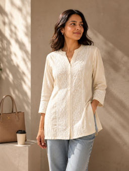 Gharana India - Saheba Mul Cotton Beige Chikankari Tunic