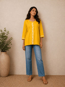 Gharana India - Saheba Luxury Yellow Chikankari Tunic