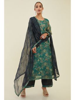 Soch - Women Teal Chanderi Printed Dress Material (Set of 3)