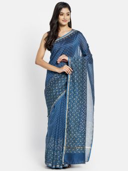 Fabindia - Blue Cotton Silk Hand Block Print Saree without Blouse