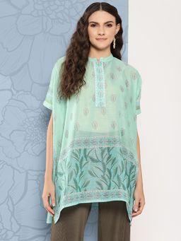 Yufta - Green Printed Mandarin Neck Kaftan