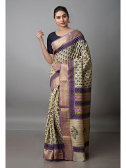Unnati Silks - Cream Pure Handloom Bengal Tusshar Silk Saree with Unstitched Blouse