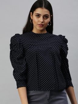 SHOWOFF - Women Crew Neck Puff Sleeves Polka Dots Navy Blue Top