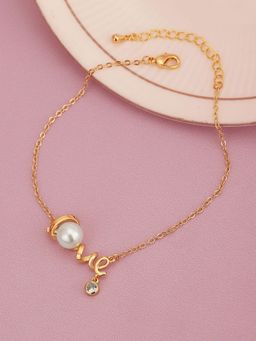 Carlton London - Gold Plated with Pearl and Texture Adjustable Charm Bracelet for Women