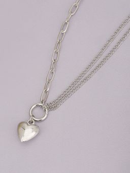 Carlton London - Double Chain with Dangling Heart and Rhodium Plated Necklace for Women