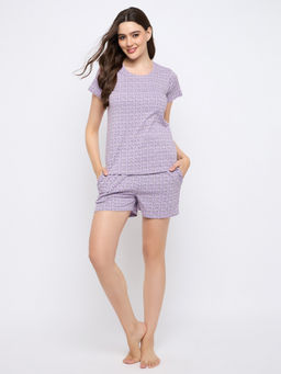 Clovia - Lavender Printed T-Shirt with Shorts (Set of 2)