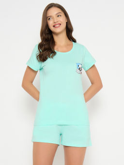 Clovia - Green Solid T-Shirt with Shorts (Set of 2)