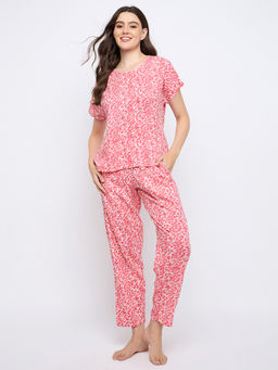 Clovia - Pink Rayon Floral Printed T-Shirt with Pyjama (Set of 2)