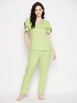Clovia - Green Floral Printed Top with Pyjama (Set of 2)