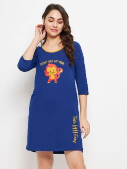 Clovia - Graphic & Text Print Short Night Dress - 100 Percent Cotton -Blue