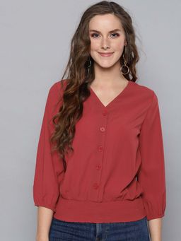 Carlton London - Women Casual Maroon Solid Blouson Top