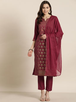 Ziyaa - Red Chinon Straight Foil Printed Kurta, Pant and Dupatta (Set of 3)