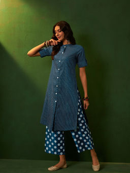 Ziyaa - Teal Chinon Straight Kurta Palazzo (Set of 2)