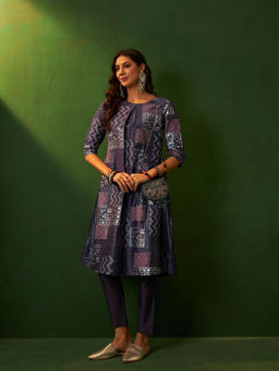 Ziyaa - Purple Chinon A-Line Kurta Pant (Set of 2)