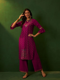 Ziyaa - Pink Crepe Straight Kurta Palazzo (Set of 2)