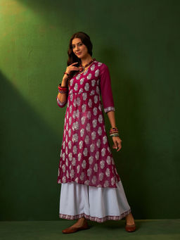 Ziyaa - Pink Georgette Flare Kurta Sharara (Set of 2)