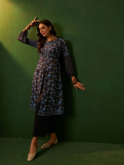 Ziyaa - Grey Georgette Flare Kurta Palazzo (Set of 2)