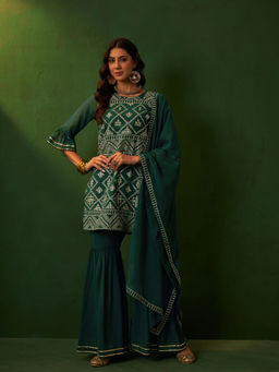 Ziyaa - Bottle Green Georgette Straight Kurta With Sharara and Dupatta (Set of 3)