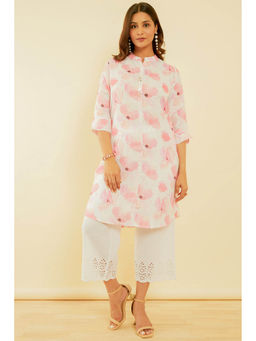 Soch - Women's Off White & Pink Floral Print Linen Blend Kurta