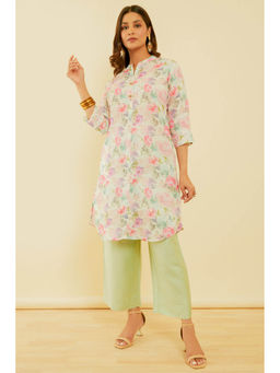 Soch - Women's Cream & Purple Linen Blend Floral Print Kurta