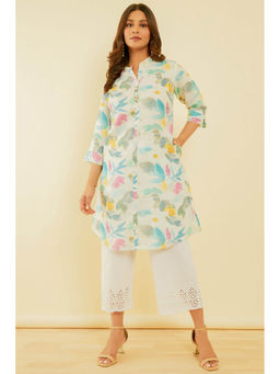 Soch - Women's Off White & Blue Linen Blend Abstract Print Kurta